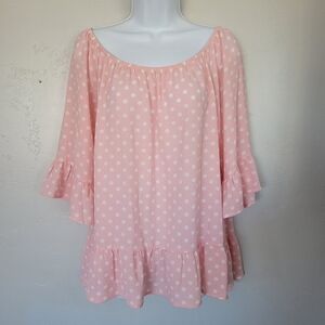 Chris & Carol Medium EUC Pink Blouse White Polka Dots Quarter Sleeve Boat Neck